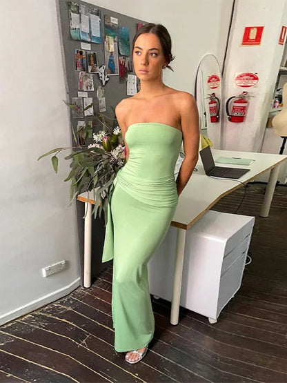 Sexy Strapless Women Bodycon Maix Dress Elegant Backless Sleeveless Pleated Knot Dresses 2024 Summer Lady Party Club Solid Robes