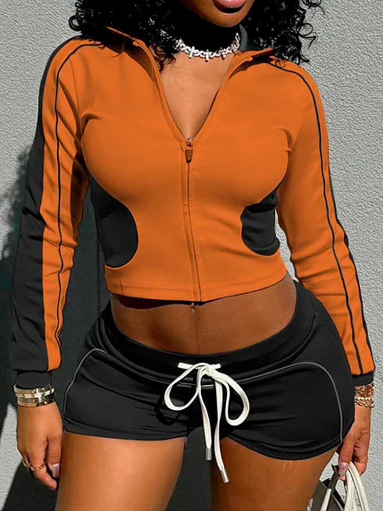 Casual Patchwork Women Two Piece Short Sets 2025 Spring Fashion Sporty Fitness Outfit Long Sleeve Cropped Jacket and Mini Shorts