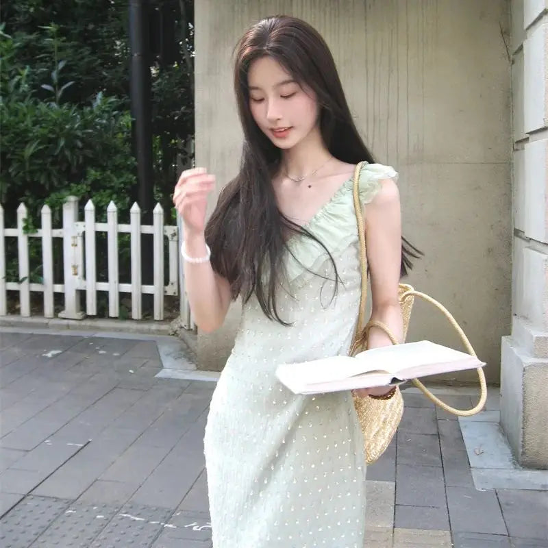 Ruffled V-neck Holiday Dress Fairy Green Yarn Patchwork Vestidos Summer Beading Sleeveless Slim Long Dresses Thin Z305