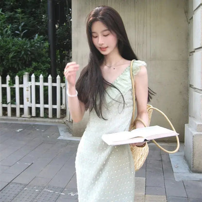 Ruffled V-neck Holiday Dress Fairy Green Yarn Patchwork Vestidos Summer Beading Sleeveless Slim Long Dresses Thin Z305