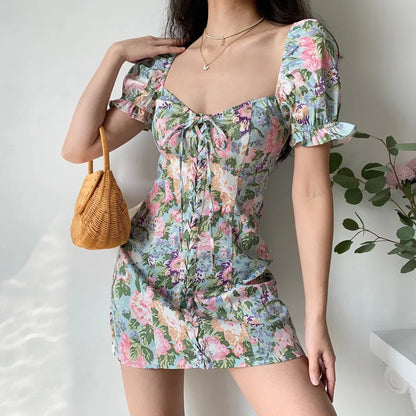 Woman's Hotsweet Dresses Lolita Style A-LINE slash neck Petal Sleeve Miniskirt Printing Slim female clothing