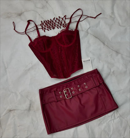 Y2K Suspender Leather Short Skirt Two Piece Set Feminine Lace Personalized Design Punk Motorcycle Style Mini Leather Skirt Suit