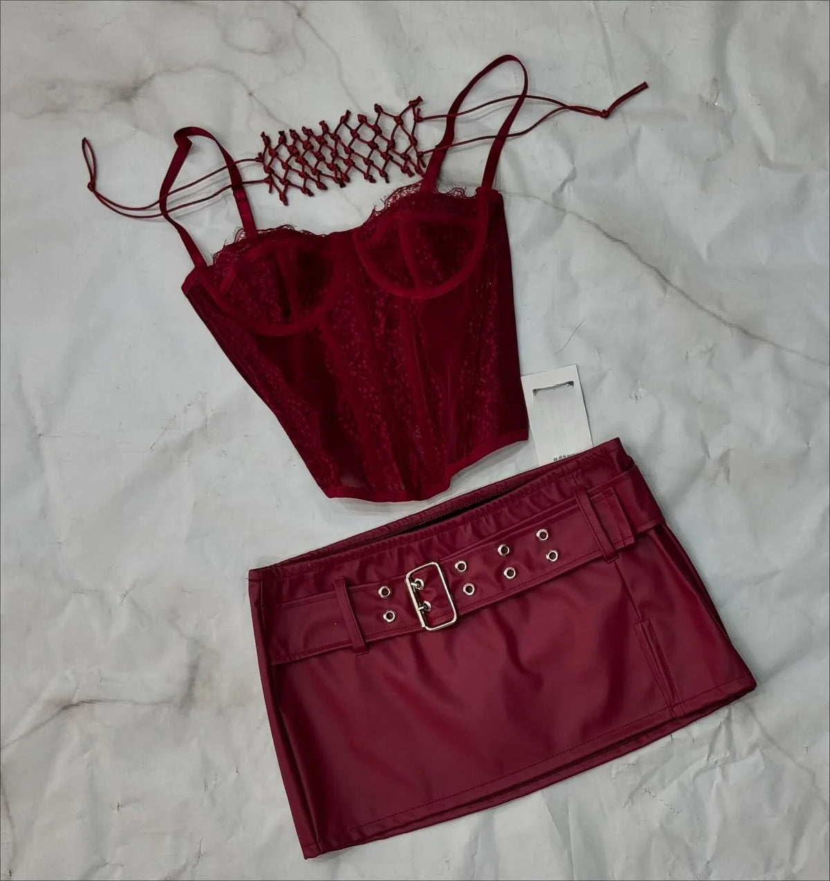 Y2K Suspender Leather Short Skirt Two Piece Set Feminine Lace Personalized Design Punk Motorcycle Style Mini Leather Skirt Suit