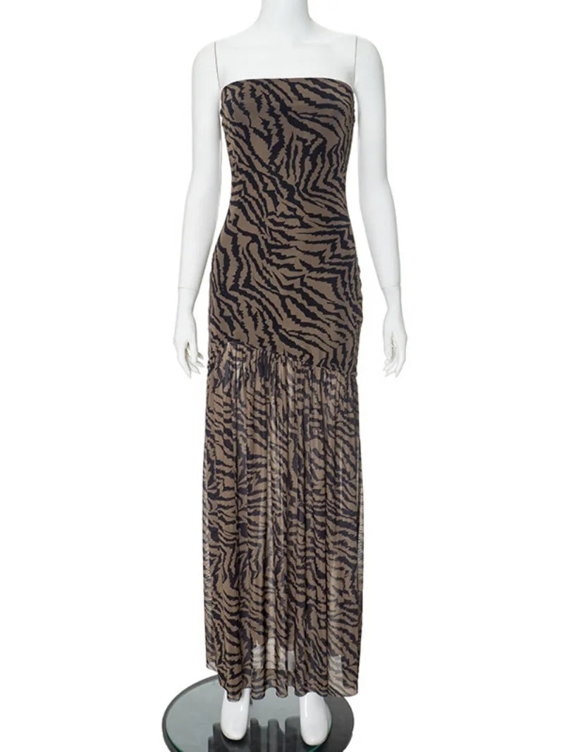 Fashion Strapless Tiger Striped Print Summer Dresses 2024 Woman Clothing Sleeveless High Slit Folds Mesh Patchwork Evening Dress