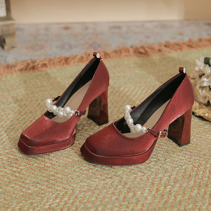 Velvet Shoes Med Square Toe Block Heels High Heeled Sandals Woman Mary Jane Espadrilles Platform Suede Medium Wedding Chunk