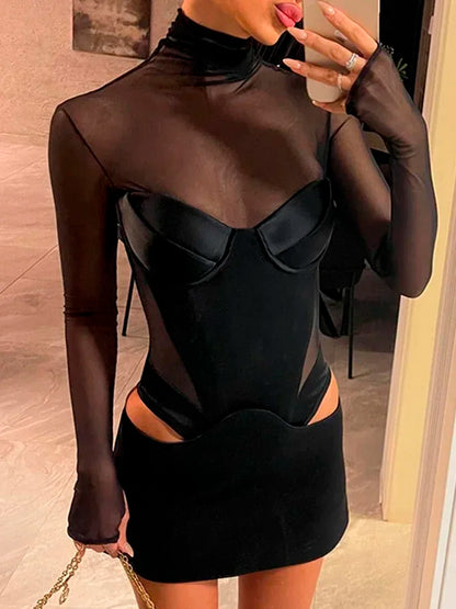 Sexy Cut Out Black Sheer Mesh Turtleneck Women Club Dresses 2025 Summer Fashion Patchwork Long Sleeve Y2K Dress Bodycon Mini