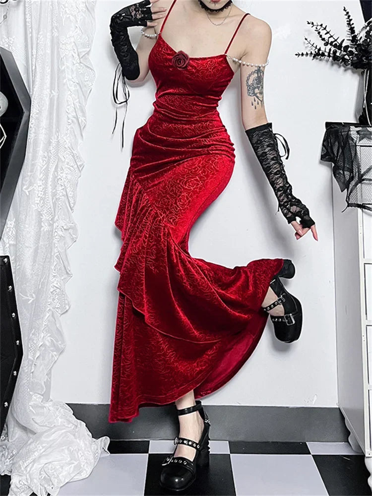 New Retro Elegant Women Spaghetti Strap Sexy Prom Dress Strapless Bodycon Slim Red Dinner Party Long Dresses Female Summer