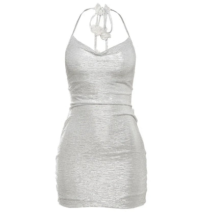 Sexy Backless Tassel Dress Women Cross Lace-Up Halter Appliques Sleeveless Solid Skinny Midnight Club Party Mini Bodycon