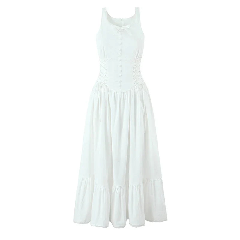 Women Bow O Neck Sleeveless Floral Print Boho Dresses Front Lace Up A-line Midi Summer Dress Chic Lady Holiday Party Robe