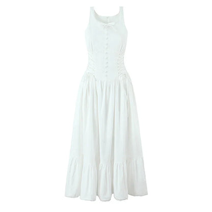 Women Bow O Neck Sleeveless Floral Print Boho Dresses Front Lace Up A-line Midi Summer Dress Chic Lady Holiday Party Robe