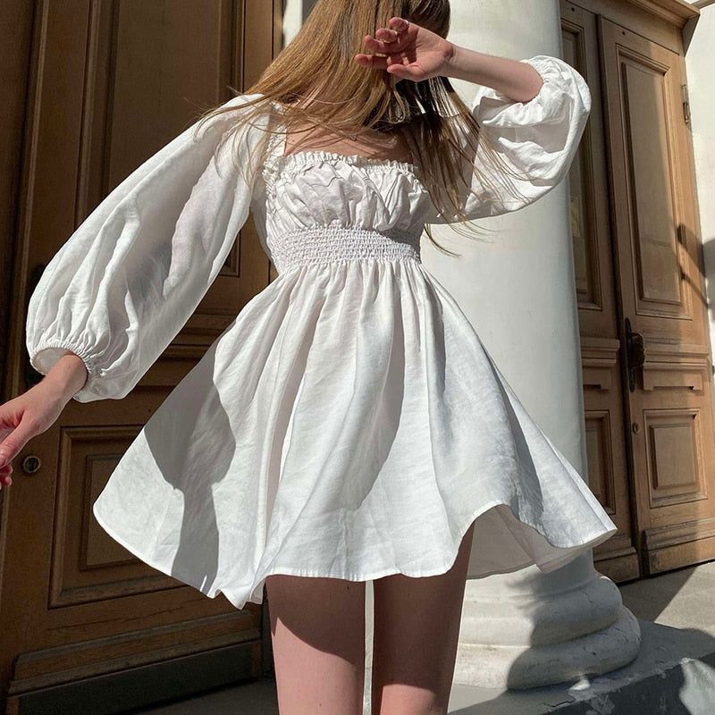 Square Neck Smocked Waist Puff Sleeve Ruffle Trim Mini Dress
