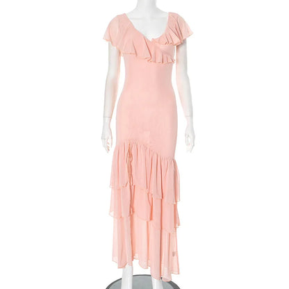 Mesh Patckwork Ruffled Edge Tank Maxi Dress Women V-neck Backless Irregular Waist Cinching Slim Long Dress Party Clubwear