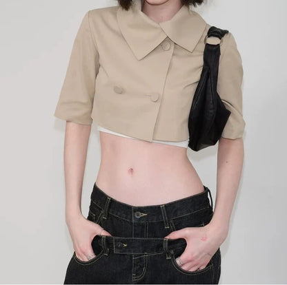 Small Niche Design with Exposed Belly Button, Short Style, Spicy Girl,Double Breasted, Five Point Mid Sleeved Windbreaker Jacket