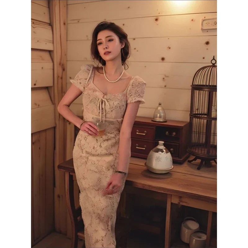 Vintage Midi Dress Women Elegant Party Prom Lace Square Collar Dresses Summer Korean Puff Short Sleeve Bodycon Design Vestidos