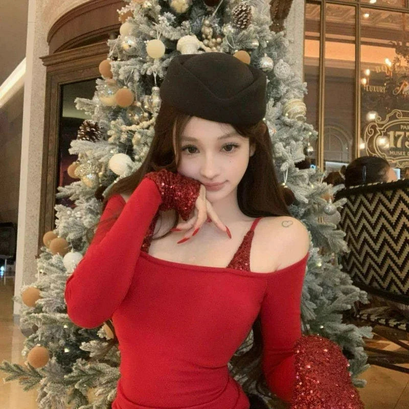 Spicy Girl Christmas Red Cinched Waist Top Patchwork Sequined One-shoulder Long-sleeved T-shirt for Women Autumn/Winter