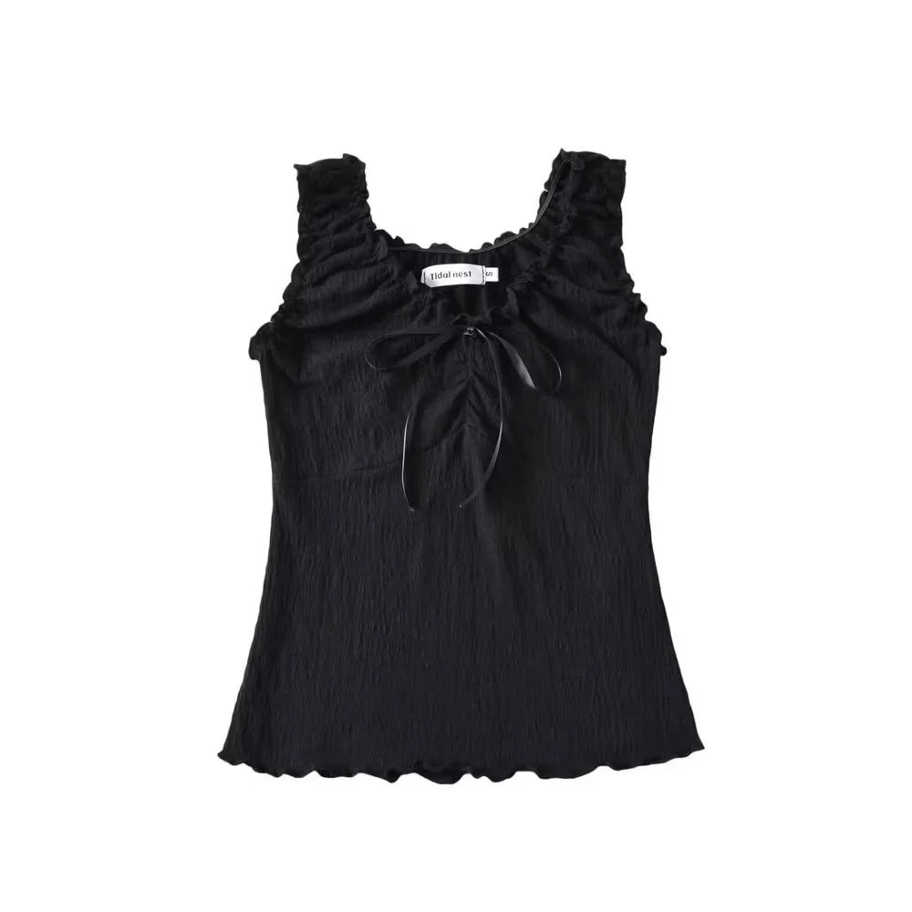 Lacing Patchwork Agaric Laces Crop Tank Top Women Shirring V-Neck Sweet Slim Versatile Vest American Hottie Streetwear