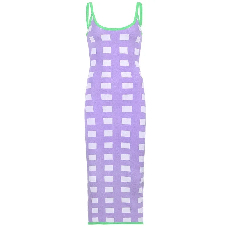 Summer Backless Plaid Knitted Long Dress Women Vintage Robe Sleeveless Bodycon Flexibility Strap Midi Dresses Party Fashion