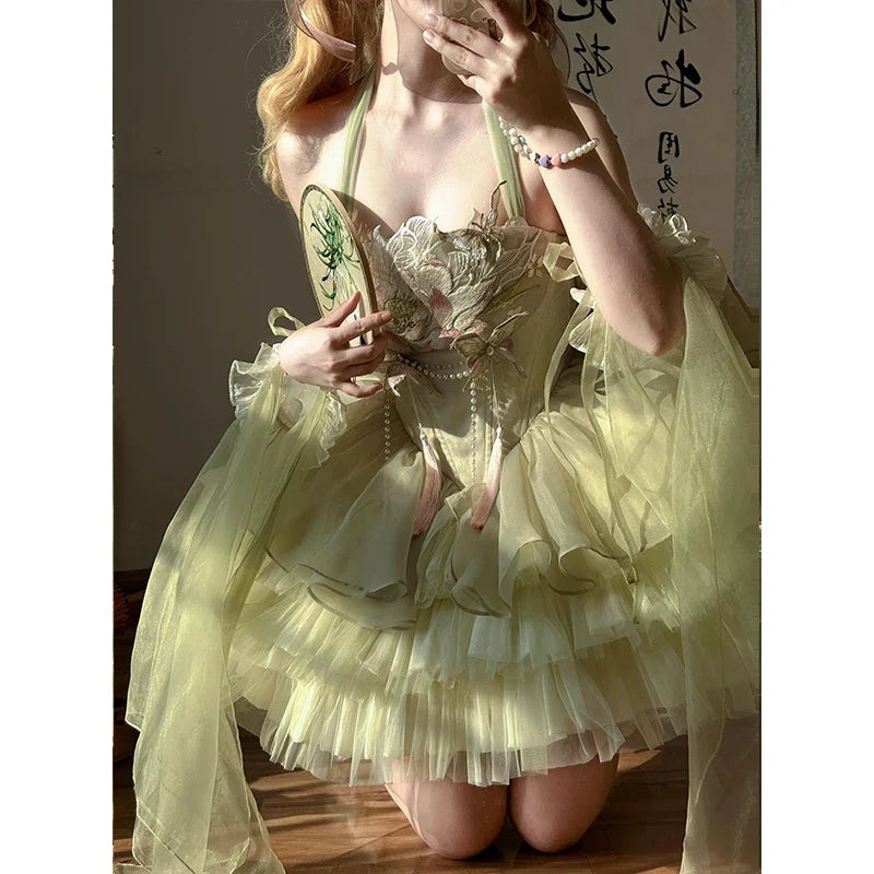 Green ballet style embroidery national light luxury sweet dress