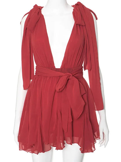 Solid Bow Lace Up Deep V Neck Pleated Dress Women Sexy Hollow Out Backless Mini Dresses Summer Lady Holiday Party Club Vestidos