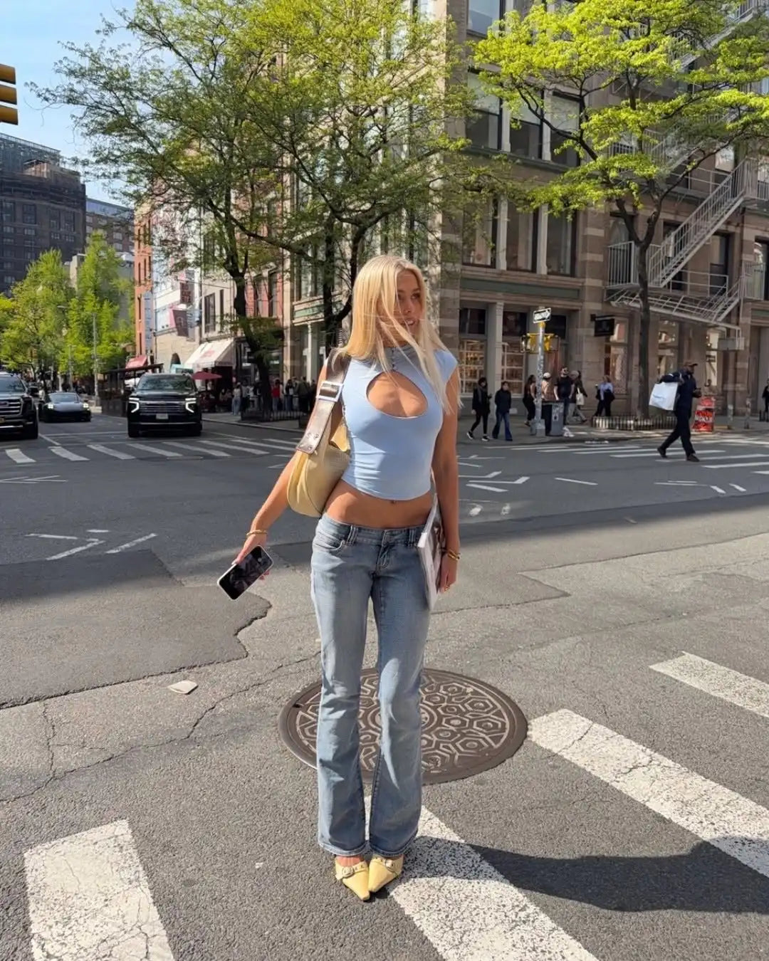 Sexy Blue Chest Cut Out Short Sleeved Top Slim Fitting Half High Collar Button Cropped T-shirt Women's Daily Street Outfits