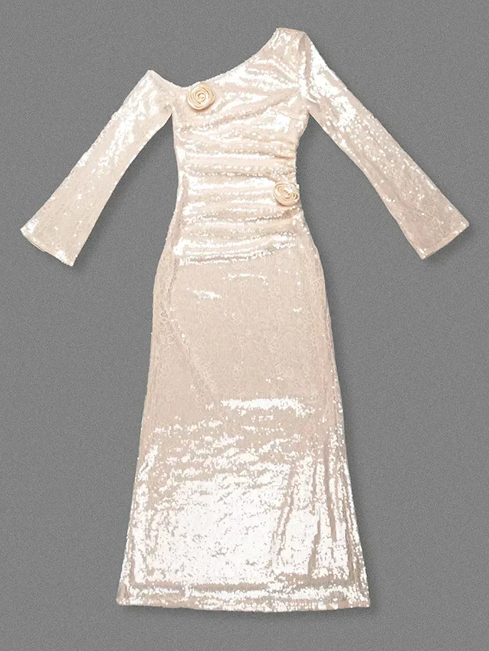 Sequin One-Shoulder Rosette Applique Long Sleeve Column Maxi Gown