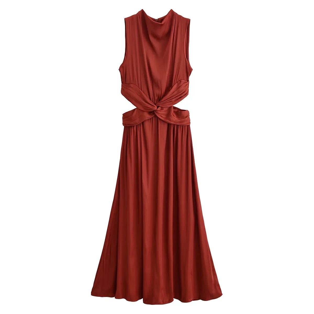 Summer new women's fashion versatile high-end simple round neck sleeveless party silk textured mid-length dress