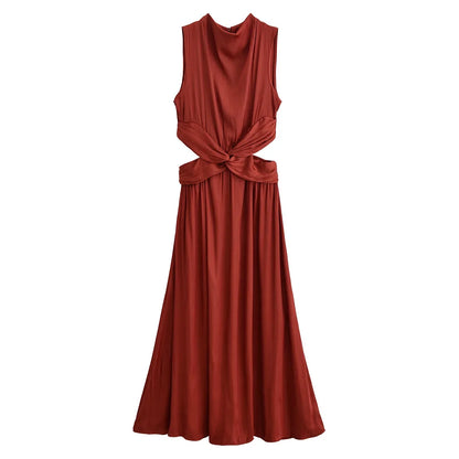 Summer new women's fashion versatile high-end simple round neck sleeveless party silk textured mid-length dress