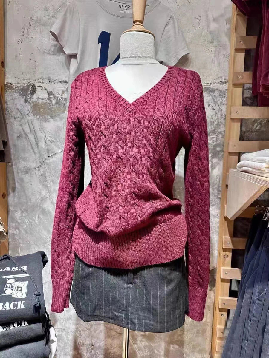Vintage Twisted Floral V-neck Knit Sweater Women Cotton Warm Slim Preppy Style Solid Pullovers Tops Sweet Chic Cute Jumpers Y2K