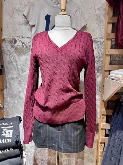 Vintage Twisted Floral V-neck Knit Sweater Women Cotton Warm Slim Preppy Style Solid Pullovers Tops Sweet Chic Cute Jumpers Y2K