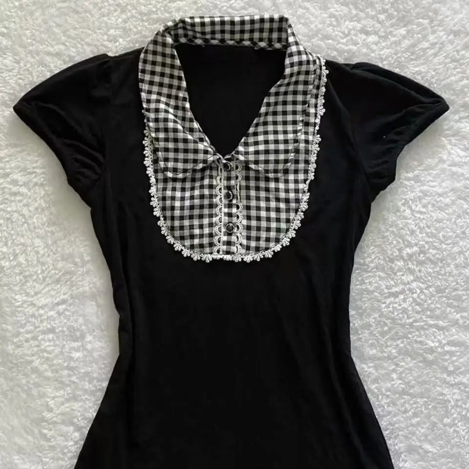 Y2K summer new Harajuku slim fit temperament doll collar short sleeved women's T-shirt retro sweet design casual cute top
