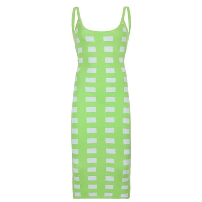 Summer Backless Plaid Knitted Long Dress Women Vintage Robe Sleeveless Bodycon Flexibility Strap Midi Dresses Party Fashion