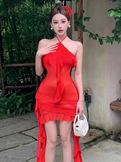 Sexy Dresses Women Irregular Ruffles Sleeveless Halter Mesh Patchwork Slim Backless Elegant Dress Party Female Holiday
