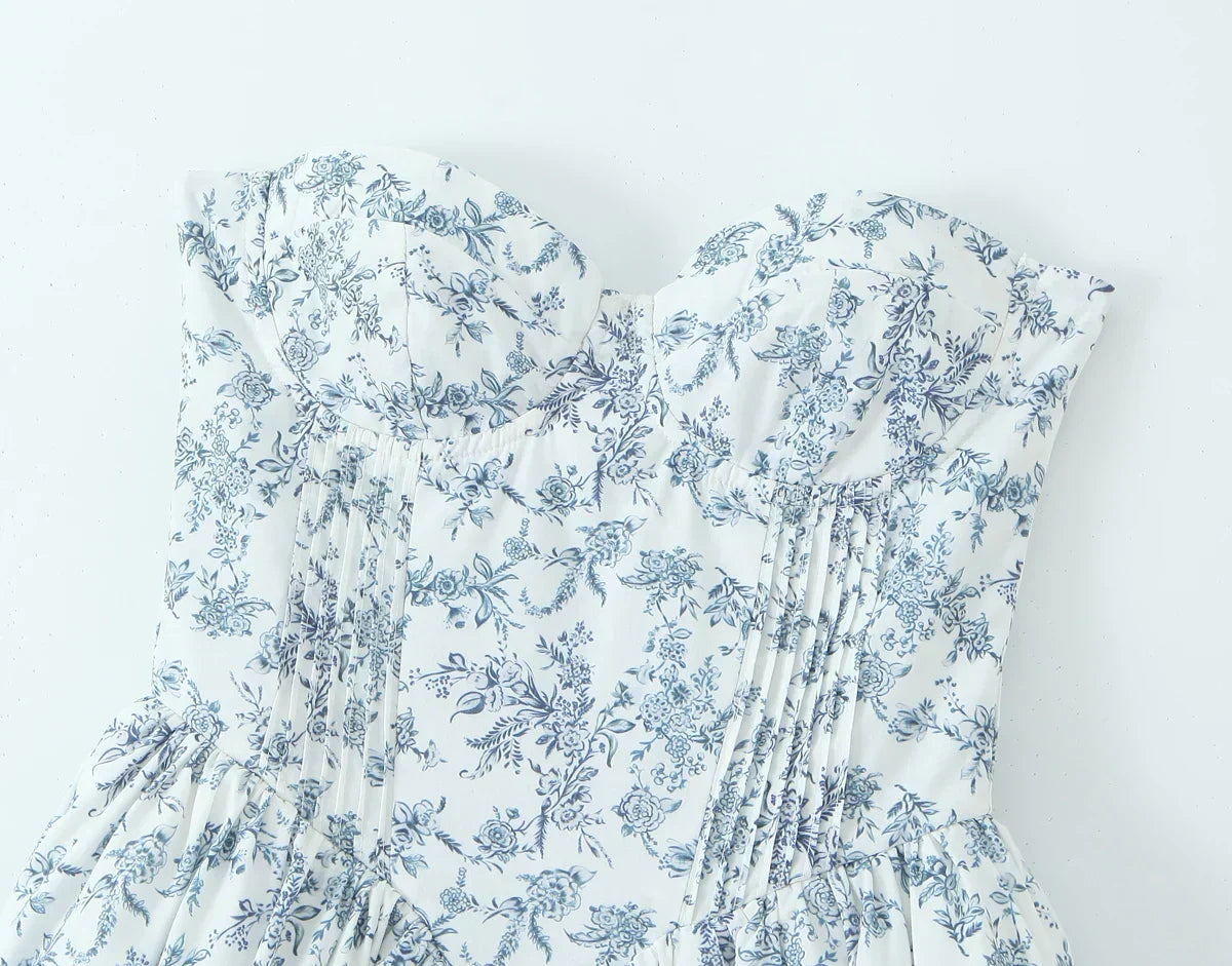Strapless Sweetheart Corset Bodice Floral Toile Pleated Pocket Midi Dress