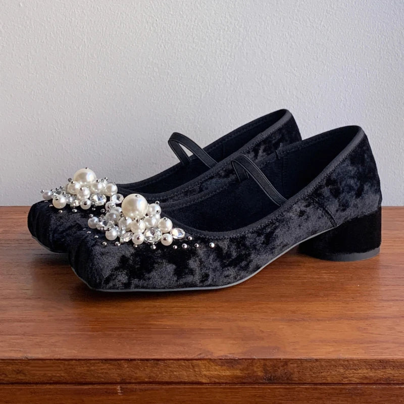 String Bead Chunky Heel Mary Jane Shoes Women Square Toe Elasticized Design Ballet Shoes Elegant Wedding Bridal Designer Pumps