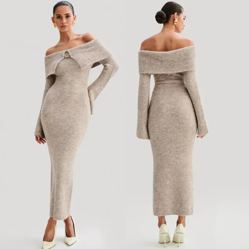 Off Shoulder Rib Knit Fold Over Collar Bodycon Maxi Dress