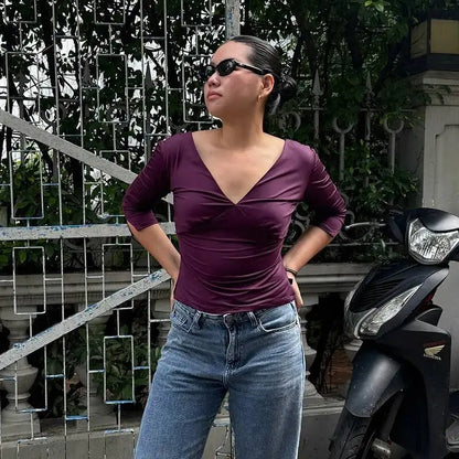Sexy V-Neck Mid Sleeve Women Top Fashion Solid Color Patchwork Backless Slim T-shirts Y2K Summer Streetwear Casual Tees