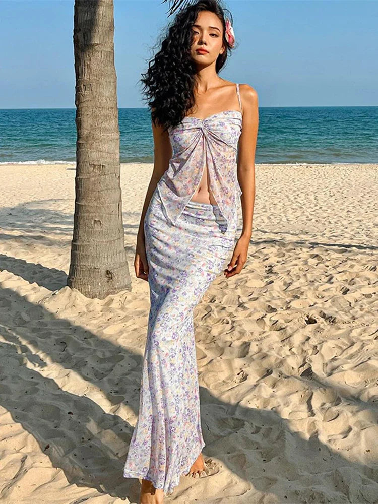 Women's Skirt Sets 90s Vintage Off Shoulder Sleeveless Tank Top with Long Skirts Y2k Elegant Two Piece Suit 2000s Clothes
