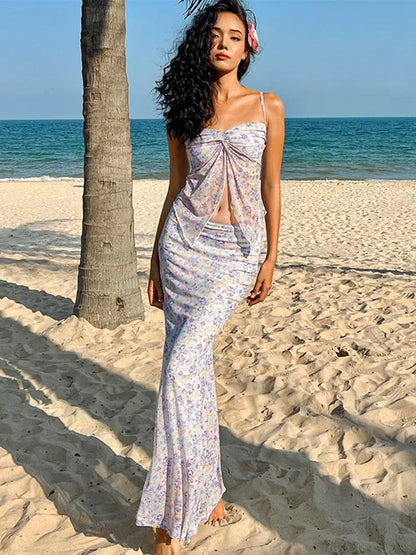 Women's Skirt Sets 90s Vintage Off Shoulder Sleeveless Tank Top with Long Skirts Y2k Elegant Two Piece Suit 2000s Clothes