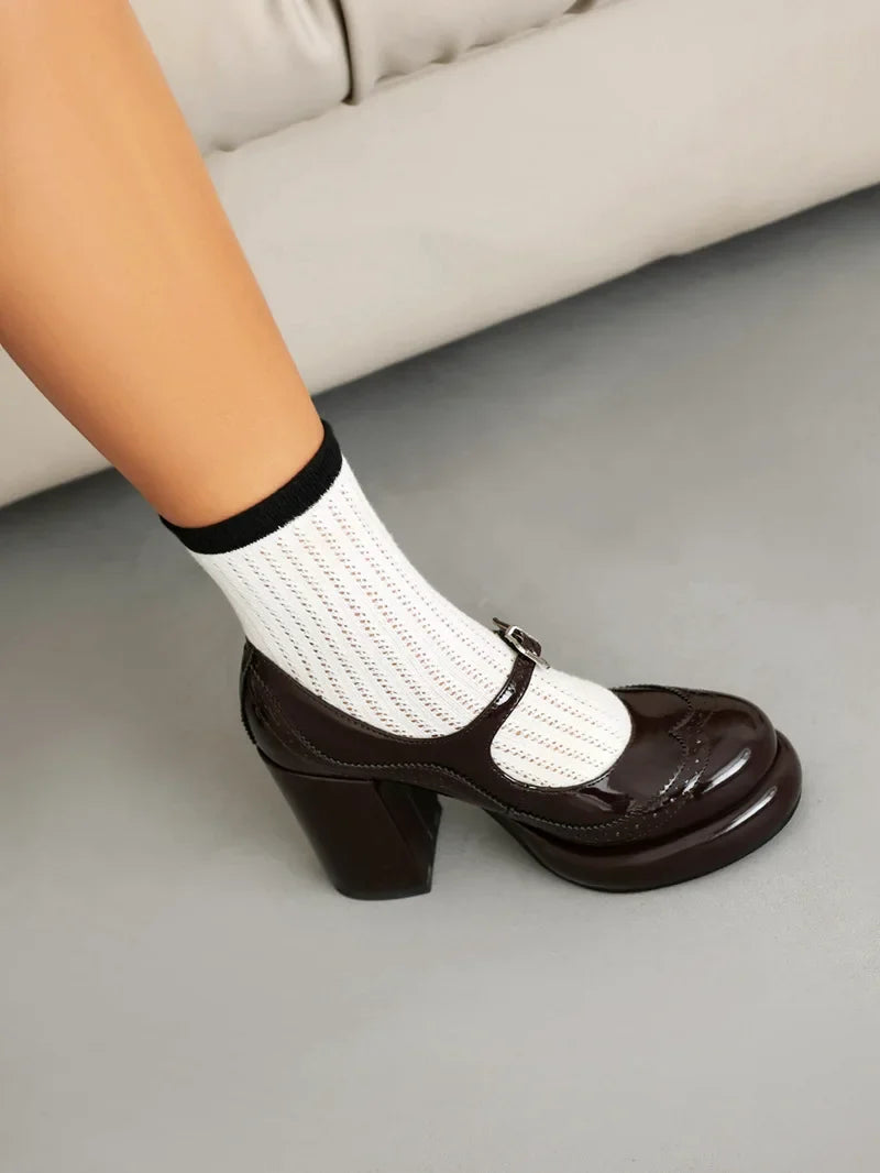 African Woman Shoe Chunky Sandals Round Toe Shallow Mouth Casual Heels Classic Style Mary Jane Burgundy Block Straps Comfortable