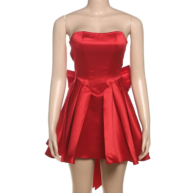 Sexy Red Bow Backless Hollow Out Mini Dress Turtleneck Short Sleeve Pad Shoulder Dresses Evening High Street Party Vestidos