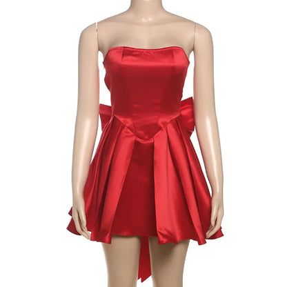 Sexy Red Bow Backless Hollow Out Mini Dress Turtleneck Short Sleeve Pad Shoulder Dresses Evening High Street Party Vestidos