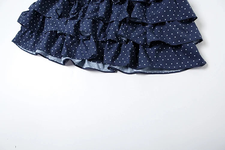 Low-Neck Polka Dots Women Two-Piece Set Halter Sleeveless Backless Mini Top+Multi-Layered Ruffles Sweet Bottoms Suits