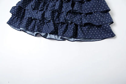 Low-Neck Polka Dots Women Two-Piece Set Halter Sleeveless Backless Mini Top+Multi-Layered Ruffles Sweet Bottoms Suits