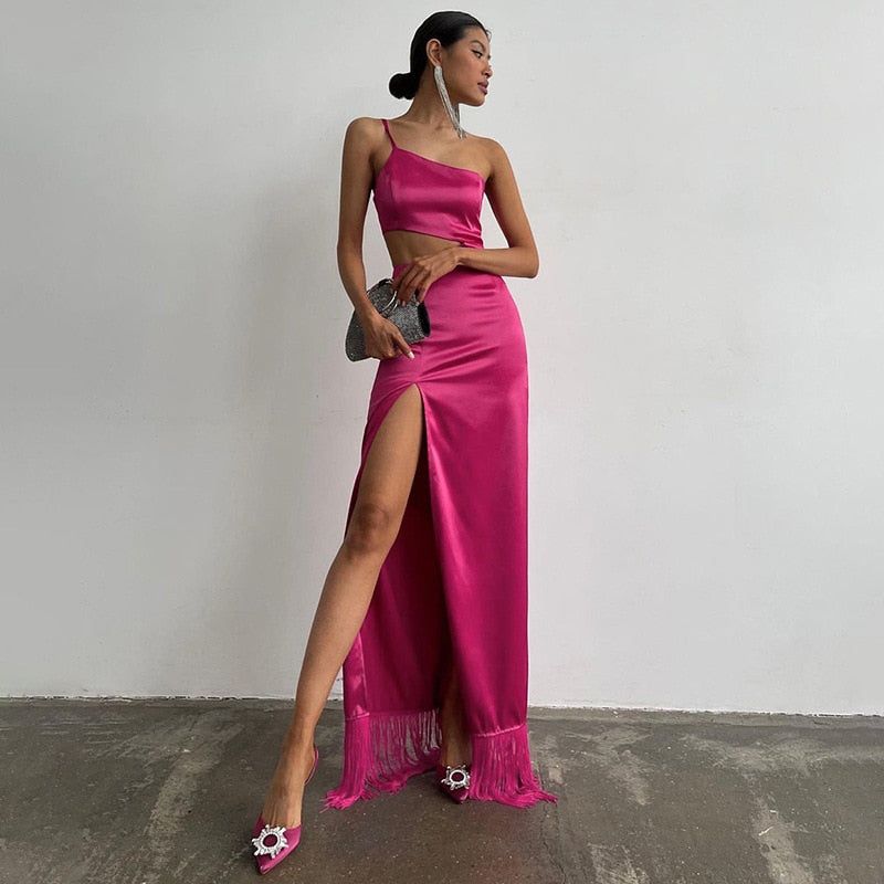Square Neck Spaghetti Strap Satin Fringe Hem High Slit Maxi Skirt Set