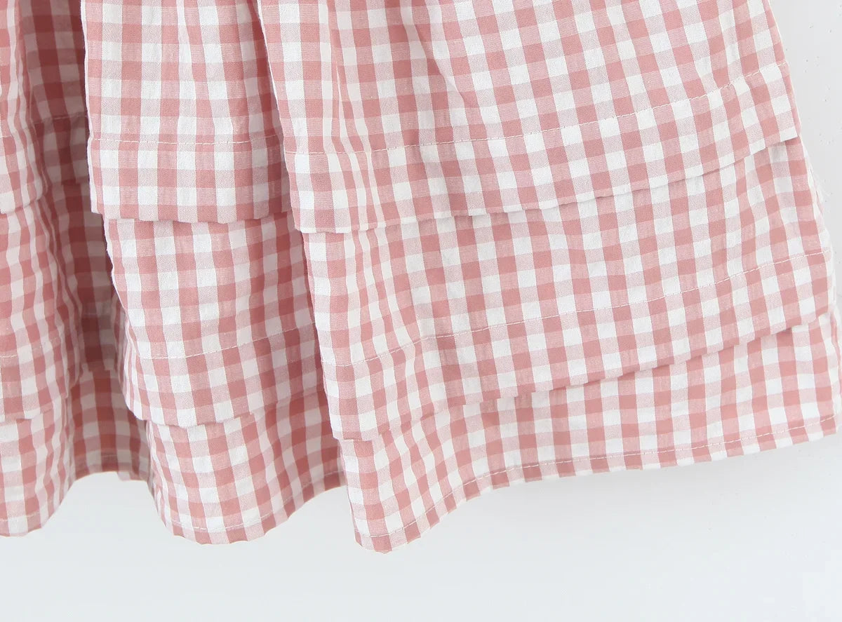 Casual Short Plaid Dresses For Women Vintage Puff Sleeve V Neck A-line Mini Vacation Dress 2026 Summer Robe