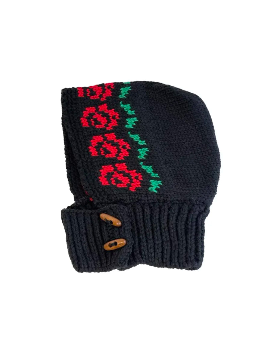 Korean Retro Balaclava Hat Winter Rose Jacquard Knitted Thermal Cover Neck Protection Integrated Ski Beanie Cap for Women's