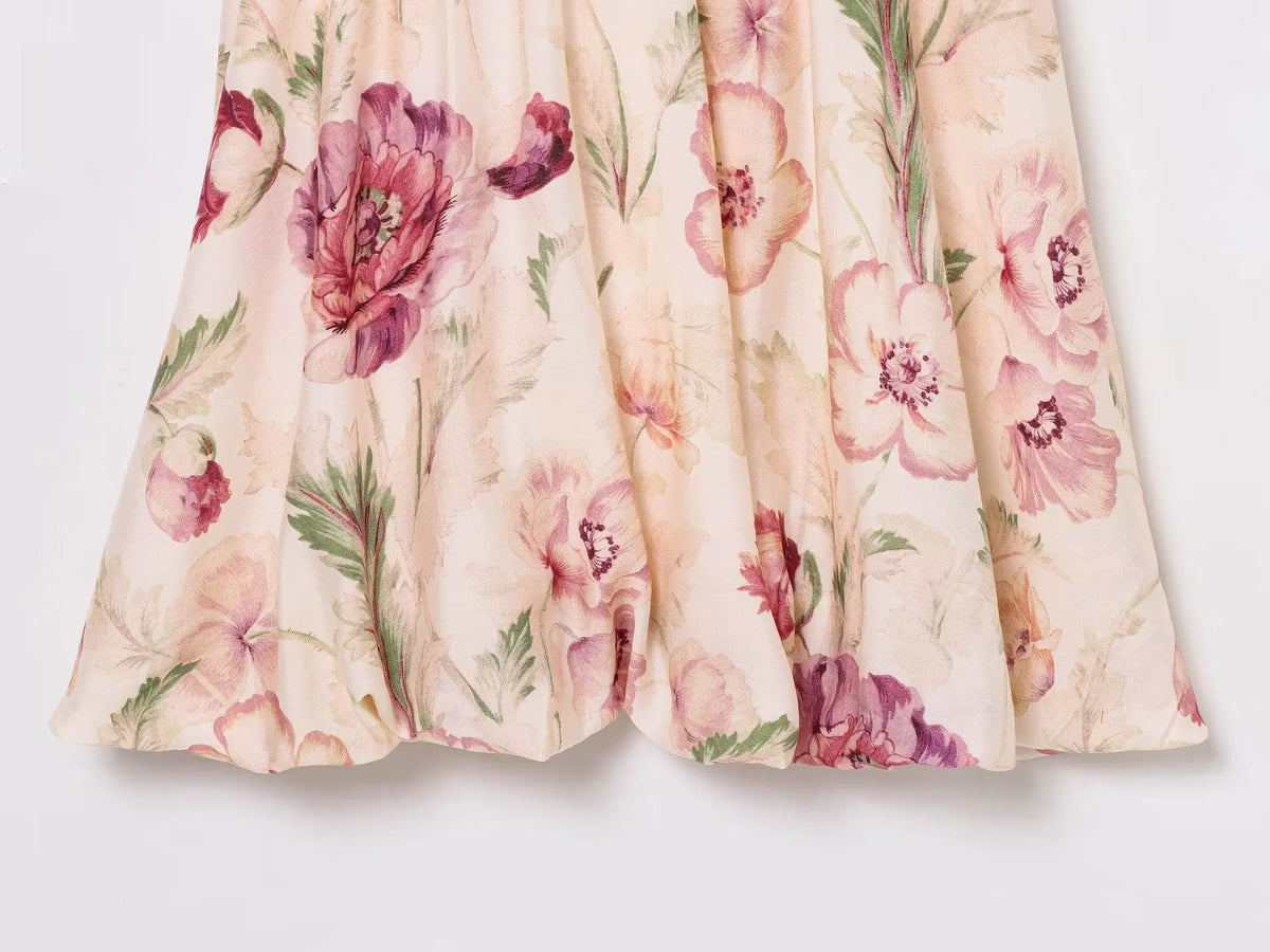 Fashion All-match Puff Sleeve Short Women Dress Round Neck Floral Print Chic New Dress Elegant Summer Woman Clothing
