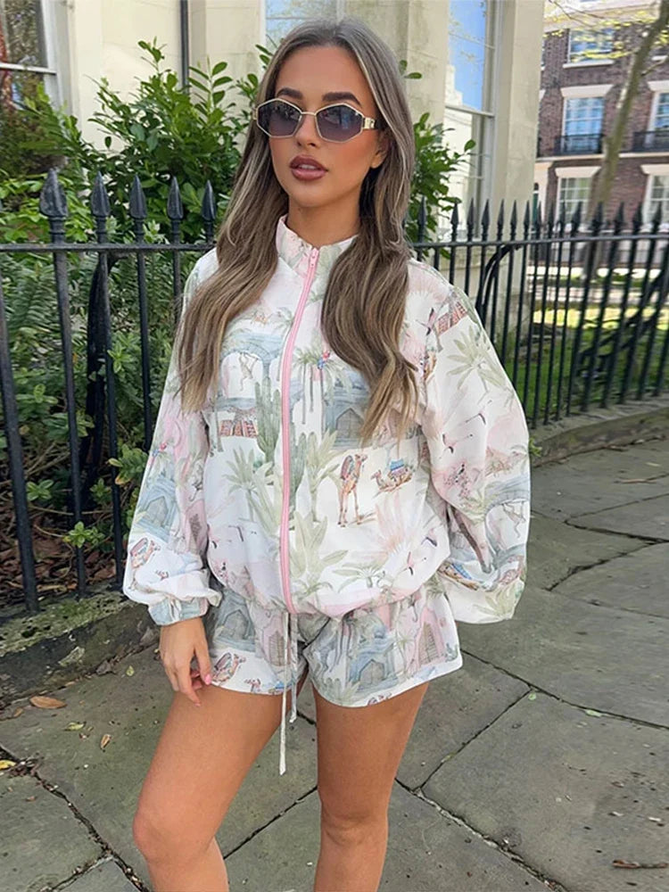 Fruit Printed Trench Jacket Coat Shorts Women Set Stand Collar Zipper Casual Loose Windbreaker Outwear Top Lace Up Shorts Suit