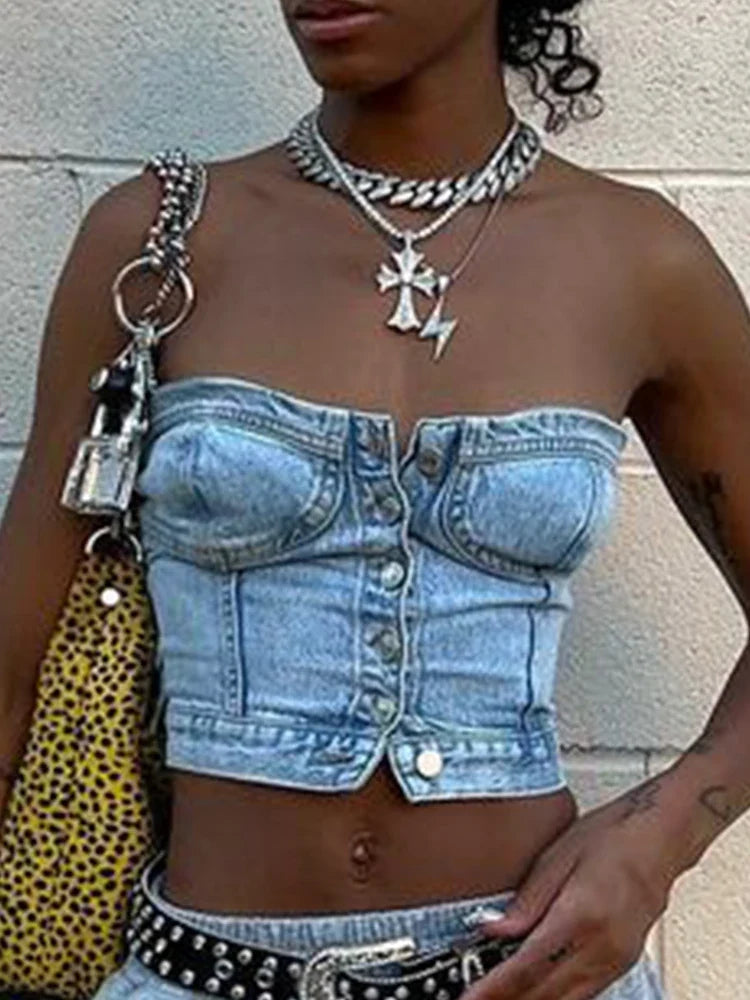 Off Shoulder Denim Corset Tops Clubwear Aesthetic Slim Milkmaid Bodycon Tees Y2K Buttons Crop Bustier Party Sexy