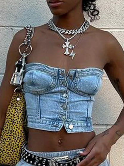 Off Shoulder Denim Corset Tops Clubwear Aesthetic Slim Milkmaid Bodycon Tees Y2K Buttons Crop Bustier Party Sexy